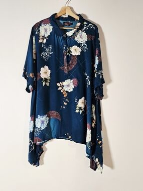 Avani 2X Boho Floral Tunic Blouse Teal whimsigoth Lagenlook Handkerchif Hem Top